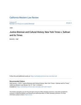 Justice Brennan and Cultural History: New York Times V. Sullivan and Its Times