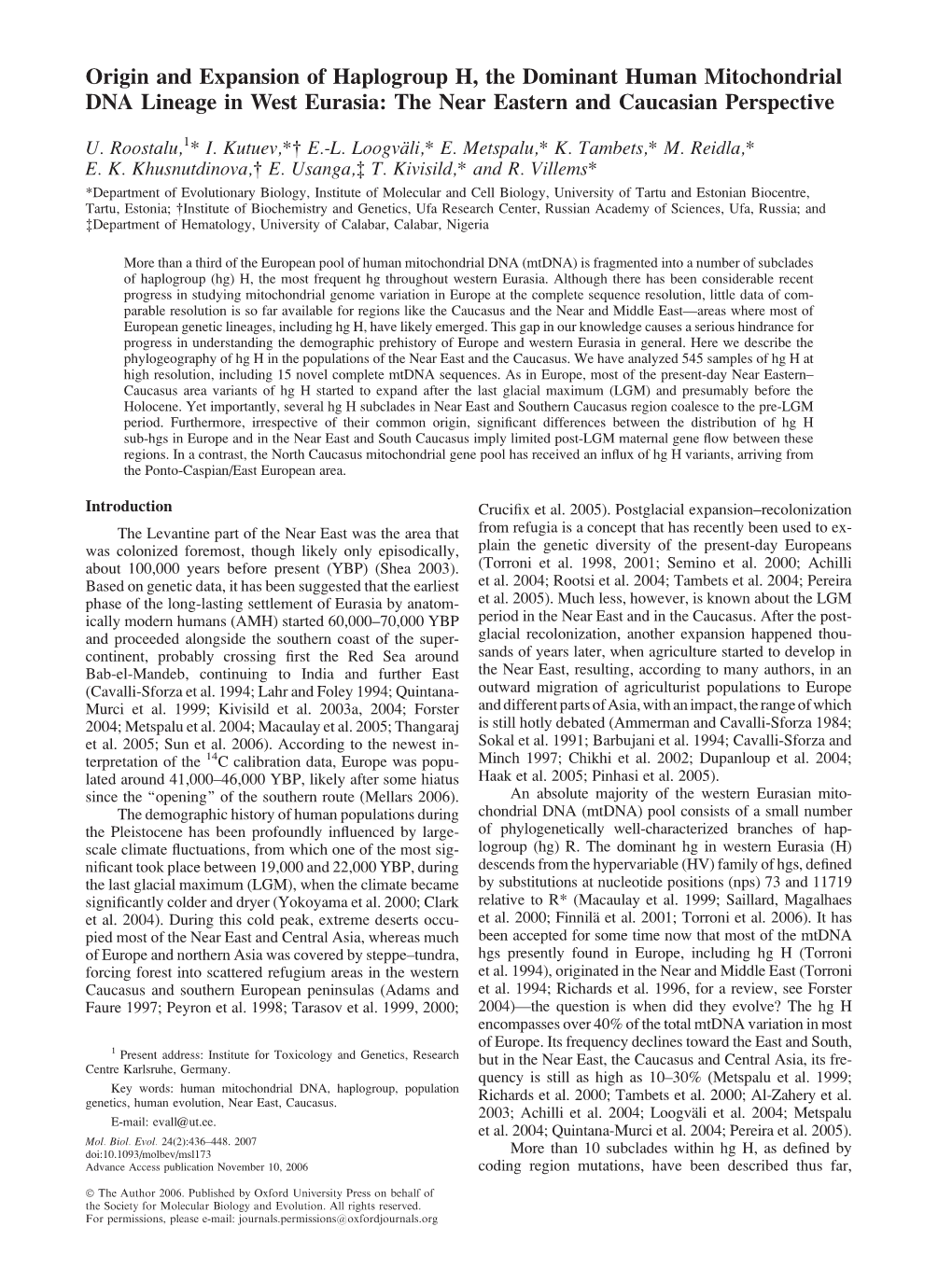 Origin and Expansion of Haplogroup H, the Dominant Human Mitochondrial DNA Lineage in West Eurasia: the Near Eastern and Caucasian Perspective