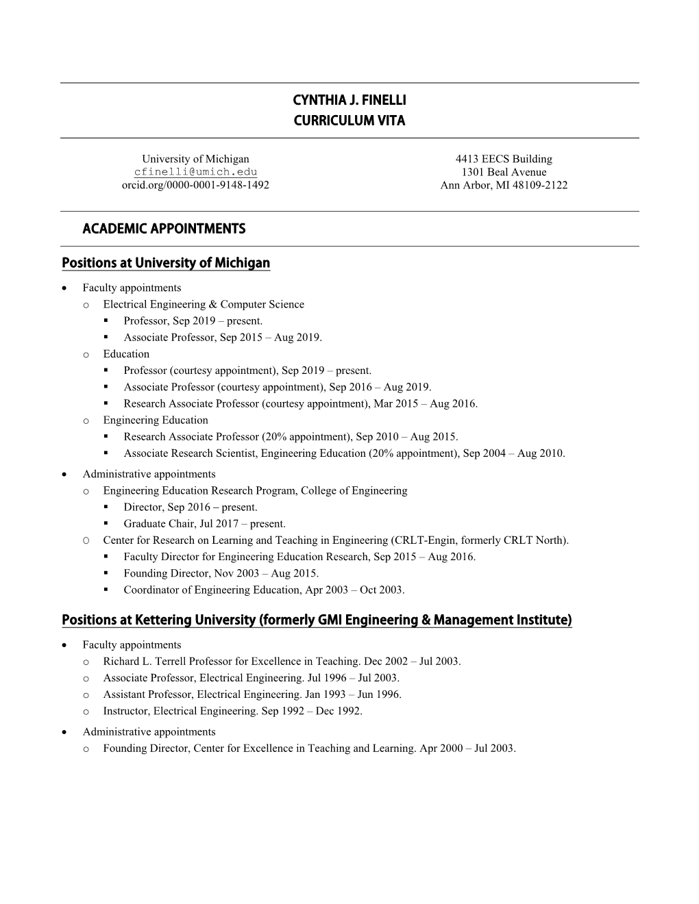 Professor Finelli's CV