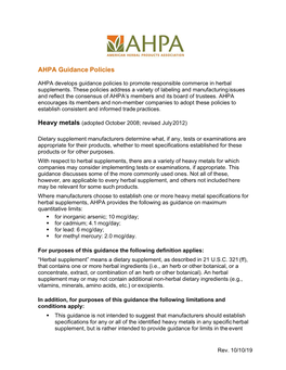 AHPA Guidance Policies