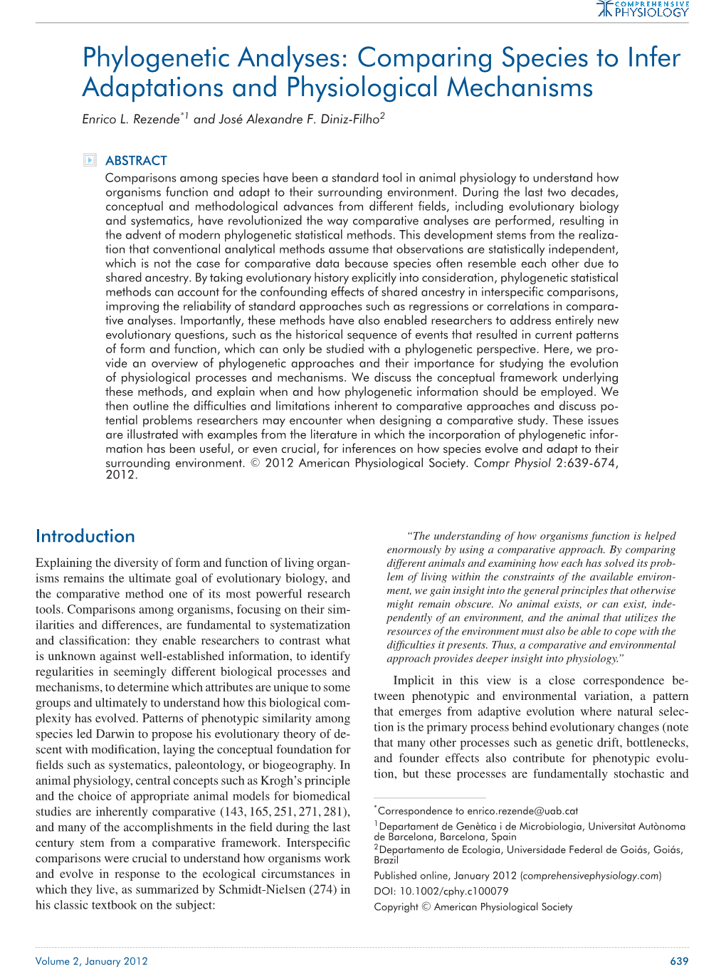 Phylogenetic Analyses: Comparing Species to Infer Adaptations and Physiological Mechanisms Enrico L