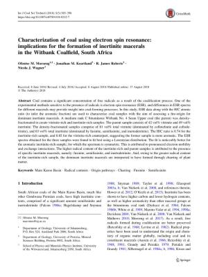 Characterization of Coal Using Electron Spin Resonance: Implications for the Formation of Inertinite Macerals in the Witbank Coalﬁeld, South Africa