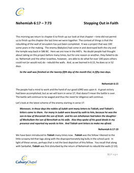 Nehemiah 6:17 – 7:73 Stepping out in Faith