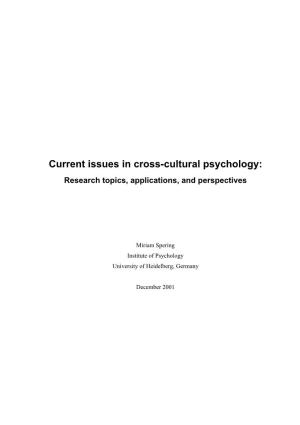 Current Issues in Cross-Cultural Psychology: Research Topics, Applications, and Perspectives