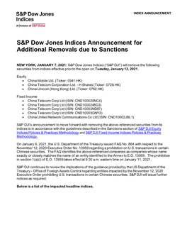 S&P Dow Jones Indices Announcement For