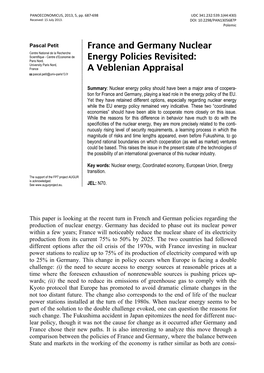 France and Germany Nuclear Energy Policies Revisited: a Veblenian Appraisal 689