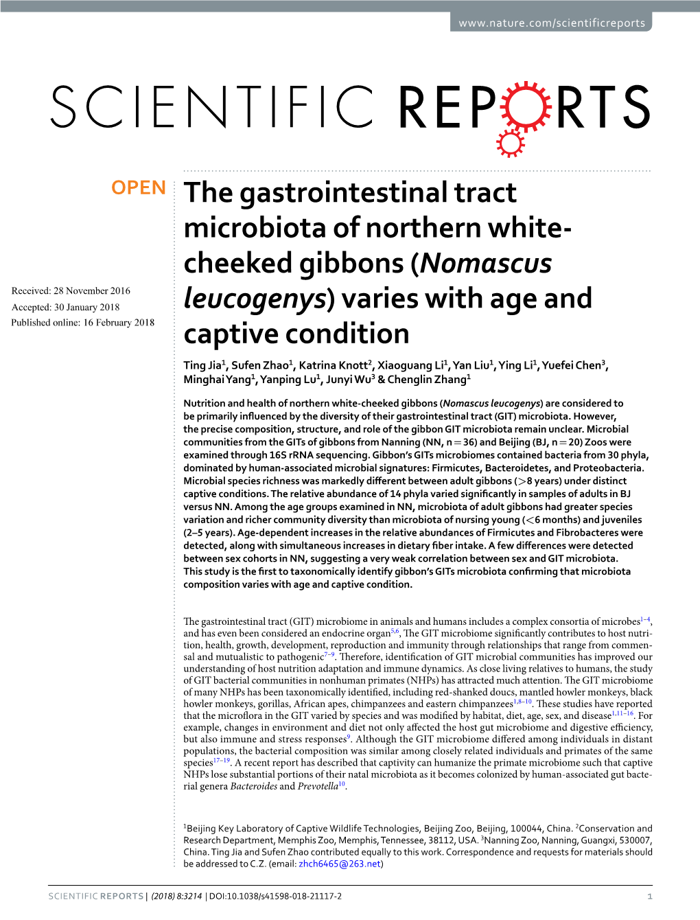 The Gastrointestinal Tract Microbiota of Northern White-Cheeked Gibbons