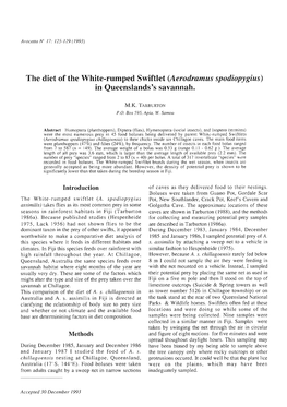 The Diet of the White-Rumped Swiftlet (Aerodramus Spodiopygius) in Queenslands's Savannah