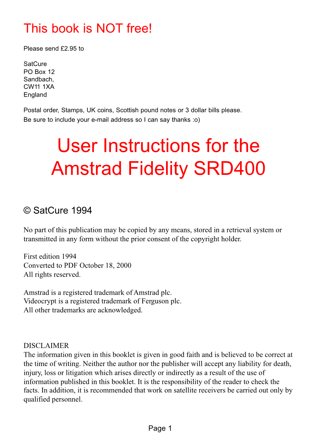 Amastrad SRD400 User Instructions
