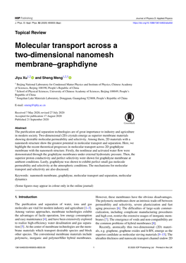 Molecular Transport Across a Two-Dimensional Nanomesh Membrane–Graphdiyne
