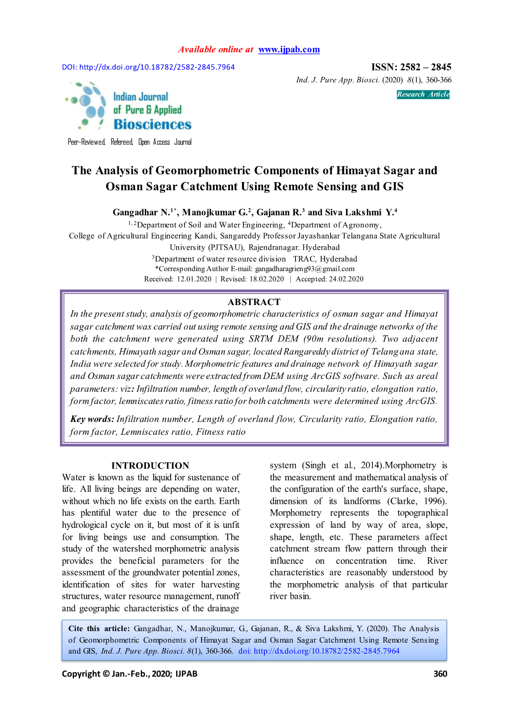 The Analysis of Geomorphometric Components of Himayat Sagar and Osman Sagar Catchment Using Remote Sensing and GIS