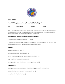 North London Barnet Water Polo Academy, Award Certificate Stage 3