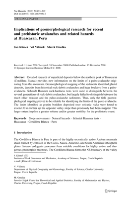 Implications of Geomorphological Research for Recent and Prehistoric Avalanches and Related Hazards at Huascaran, Peru