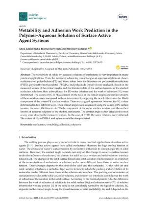 Wettability and Adhesion Work Prediction in the Polymer–Aqueous Solution of Surface Active Agent Systems