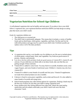 Vegetarian Nutrition for School-Age Children
