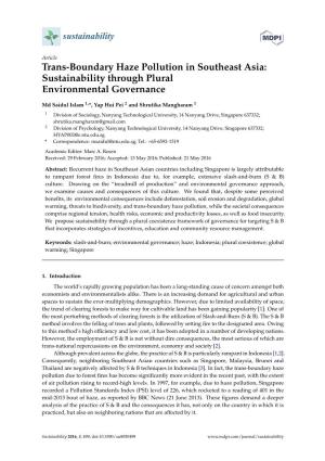 Trans-Boundary Haze Pollution in Southeast Asia: Sustainability Through Plural Environmental Governance