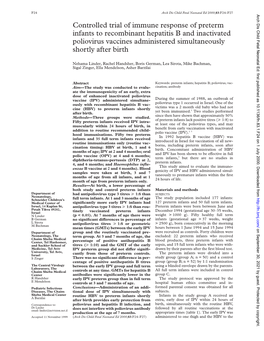 Controlled Trial of Immune Response of Preterm Infants to Recombinant Hepatitis B and Inactivated Poliovirus Vaccines Administered Simultaneously Shortly After Birth