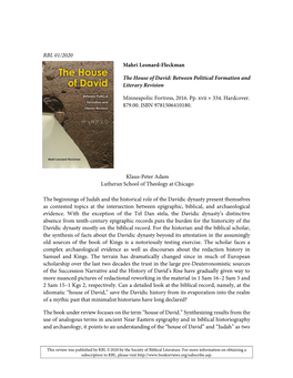 RBL 01/2020 Mahri Leonard-Fleckman the House of David: Between Political Formation and Literary Revision Minneapolis: Fortress