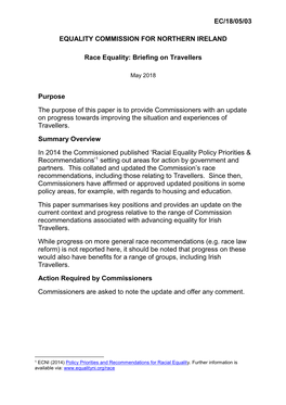 EC/18/05/03 EQUALITY COMMISSION for NORTHERN IRELAND Race Equality: Briefing on Travellers Purpose the Purpose of This Paper I