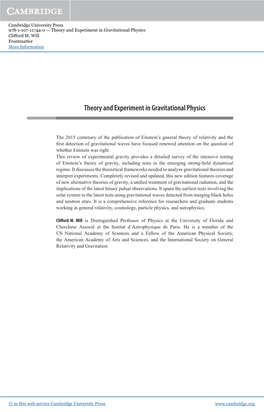 Theory and Experiment in Gravitational Physics Clifford M