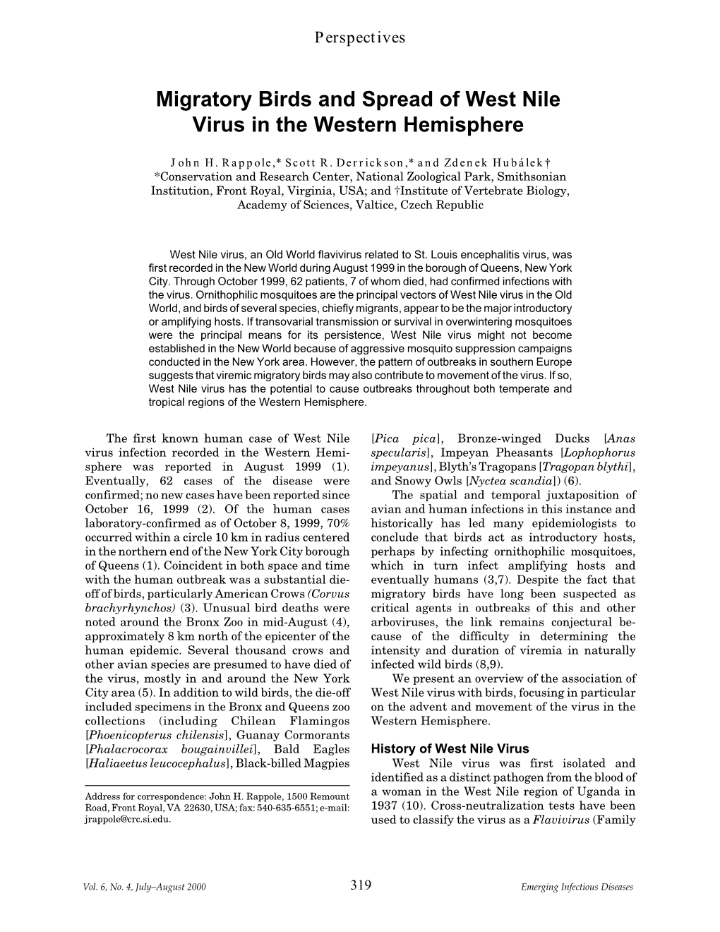 Migratory Birds and Spread of West Nile Virus in the Western Hemisphere