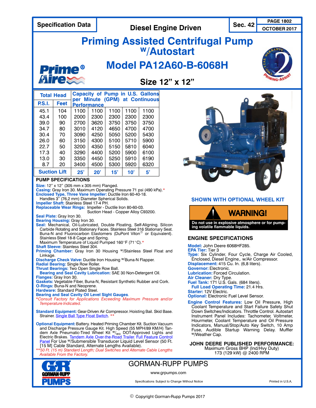 Priming Assisted Centrifugal Pump /Autostart Model PA12A60‐B‐6068H