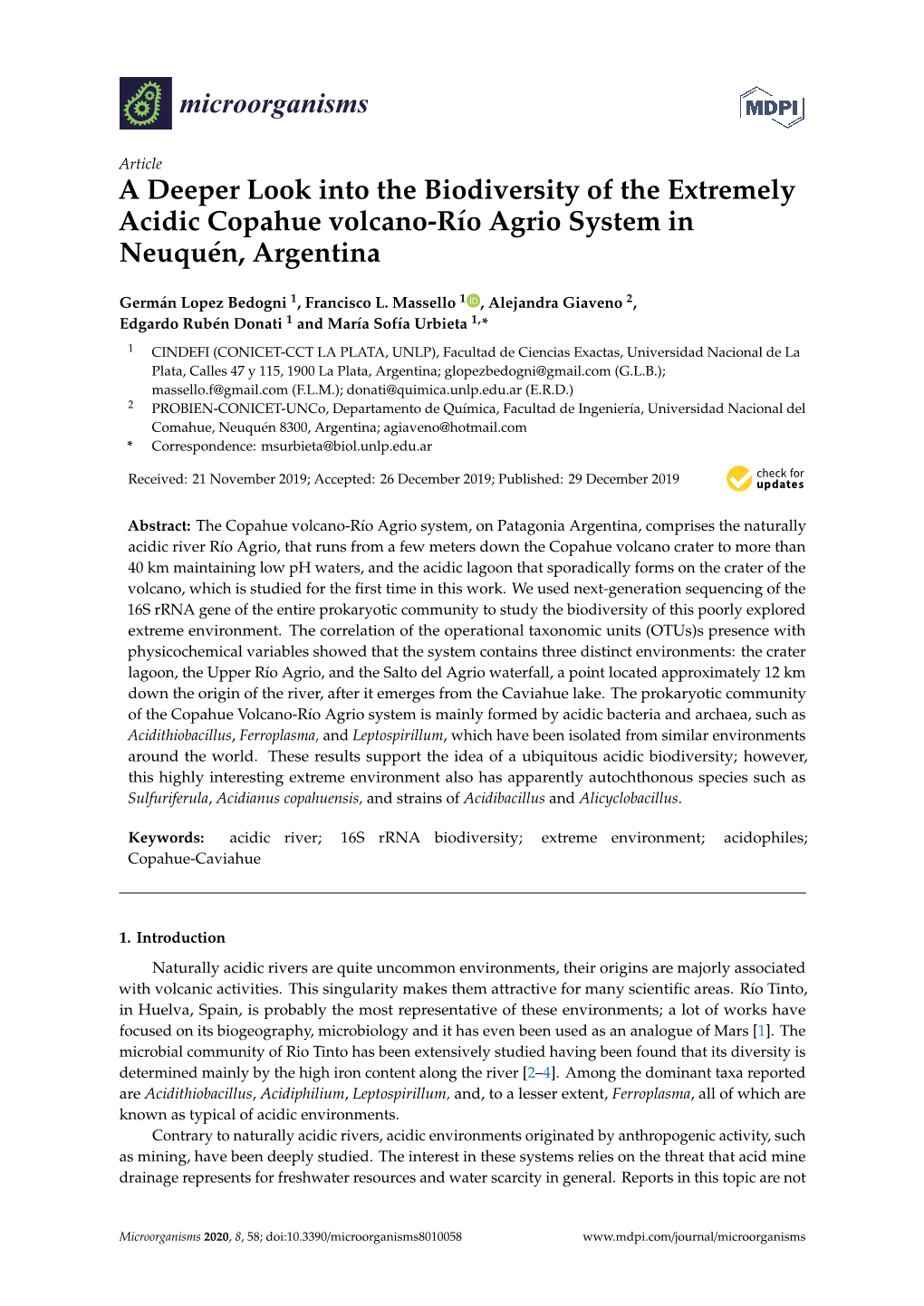 A Deeper Look Into the Biodiversity of the Extremely Acidic Copahue Volcano-Río Agrio System in Neuquén, Argentina