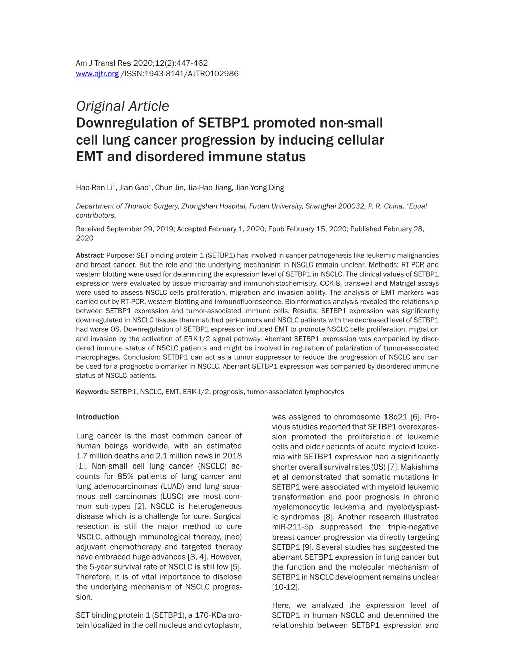 Downregulation of SETBP1 Promoted Non-Small Cell Lung Cancer Progression by Inducing Cellular EMT and Disordered Immune Status