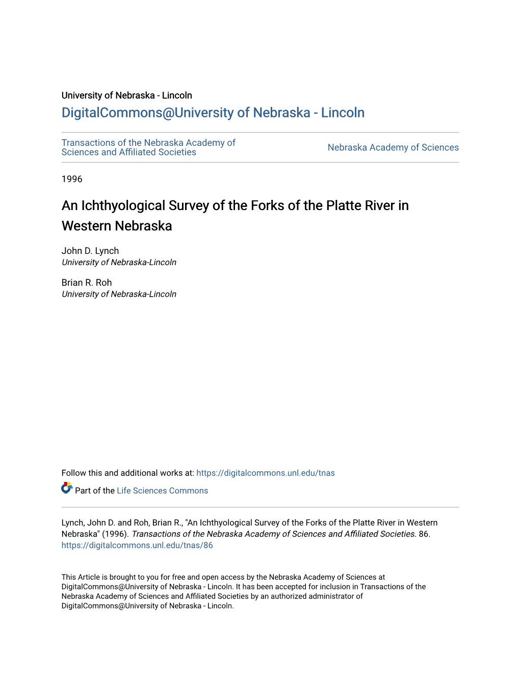 An Ichthyological Survey of the Forks of the Platte River in Western Nebraska