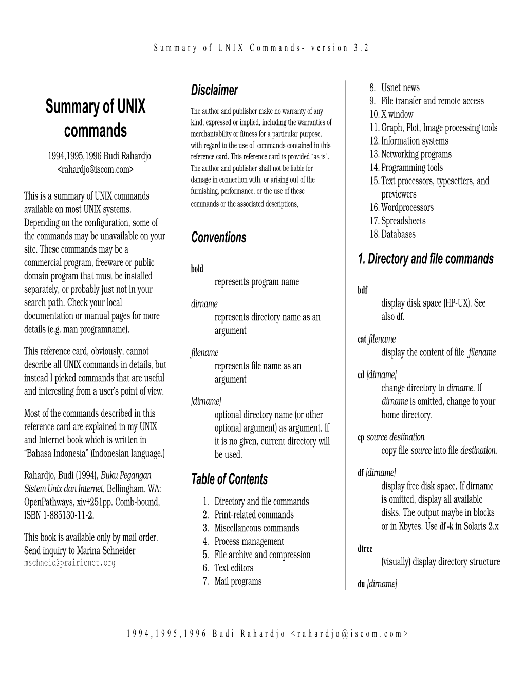 Summary of UNIX Commands Furnishing, Performance, Or the Use of These Previewers Commands Or the Associated Descriptions Available on Most UNIX Systems