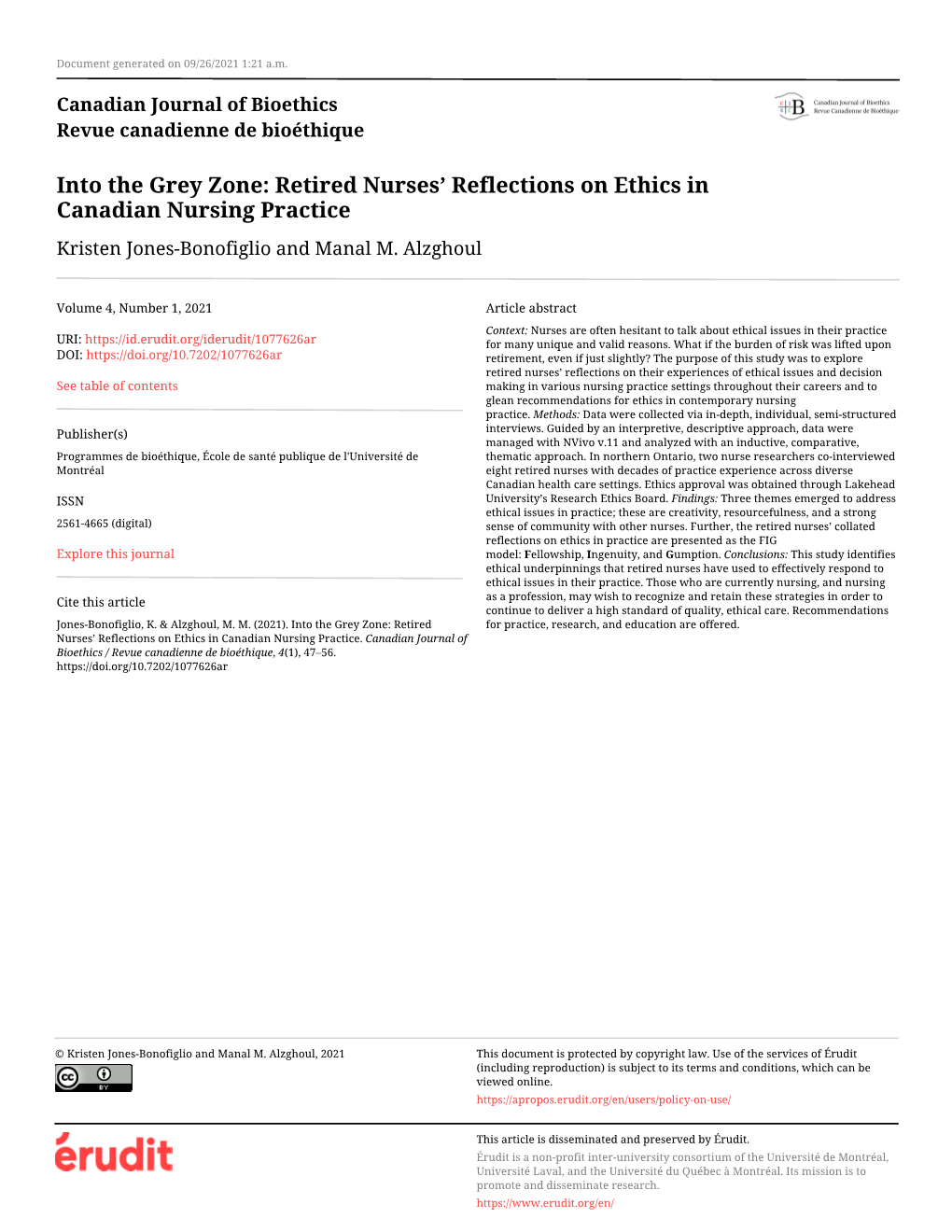 Retired Nurses' Reflections on Ethics in Canadian Nursing Practice