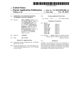 Patent Application Publication Oo) Pub. No.: US 2012/0301400 Al Williams Et Al