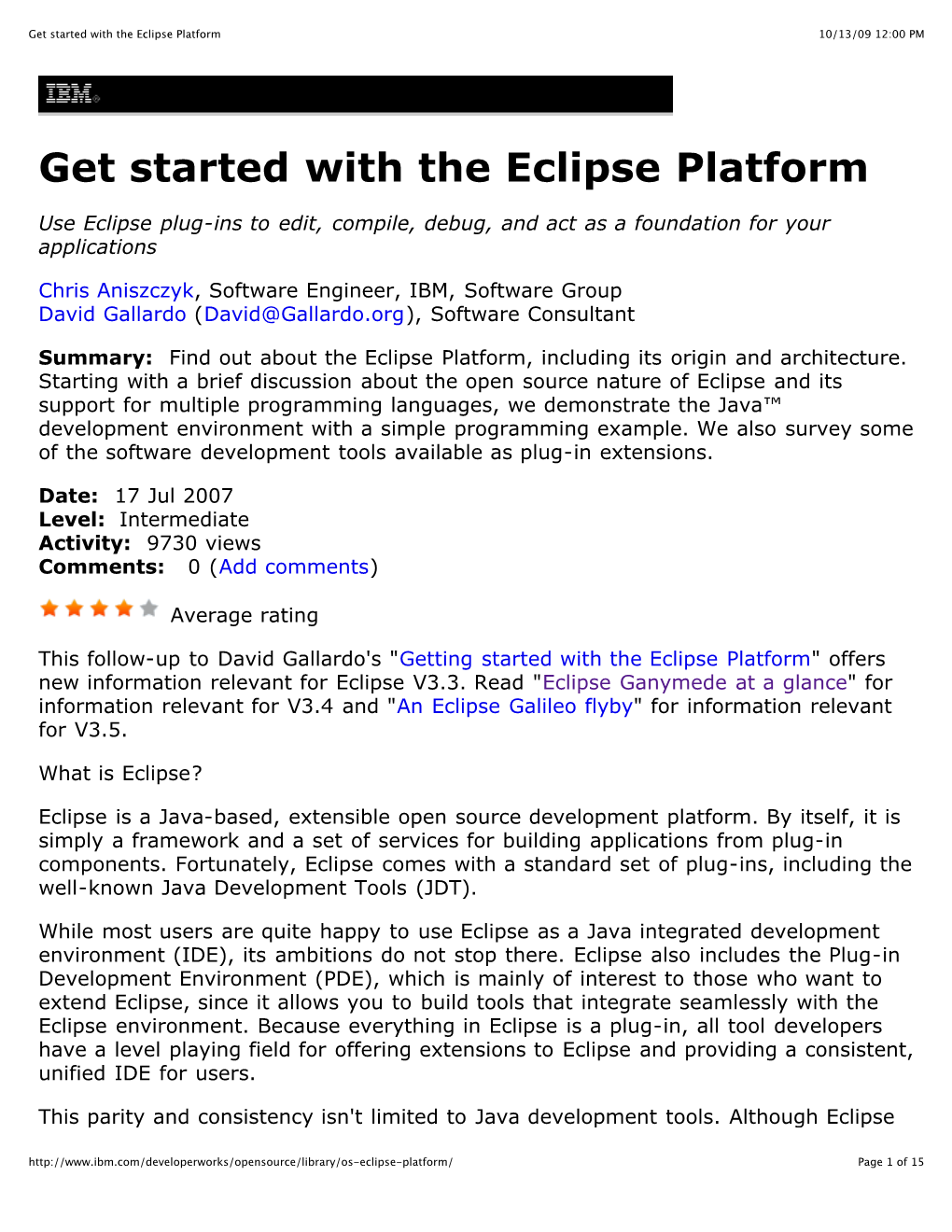 Get Started with the Eclipse Platform 10/13/09 12:00 PM