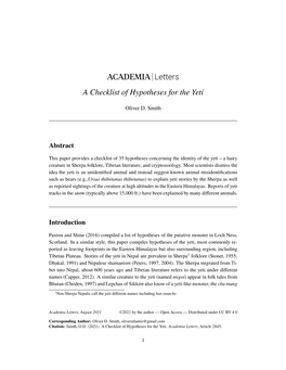 ACADEMIA Letters a Checklist of Hypotheses for the Yeti