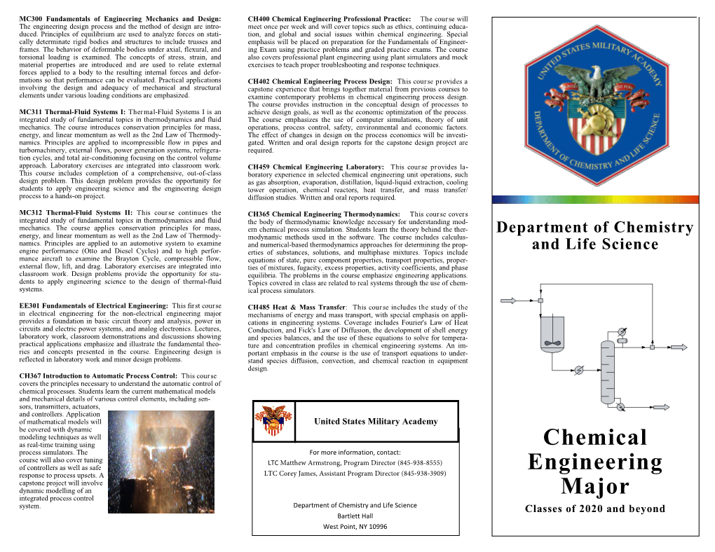 Chemical Engineering Major Is a Unique Blend of Engi- Elective Courses