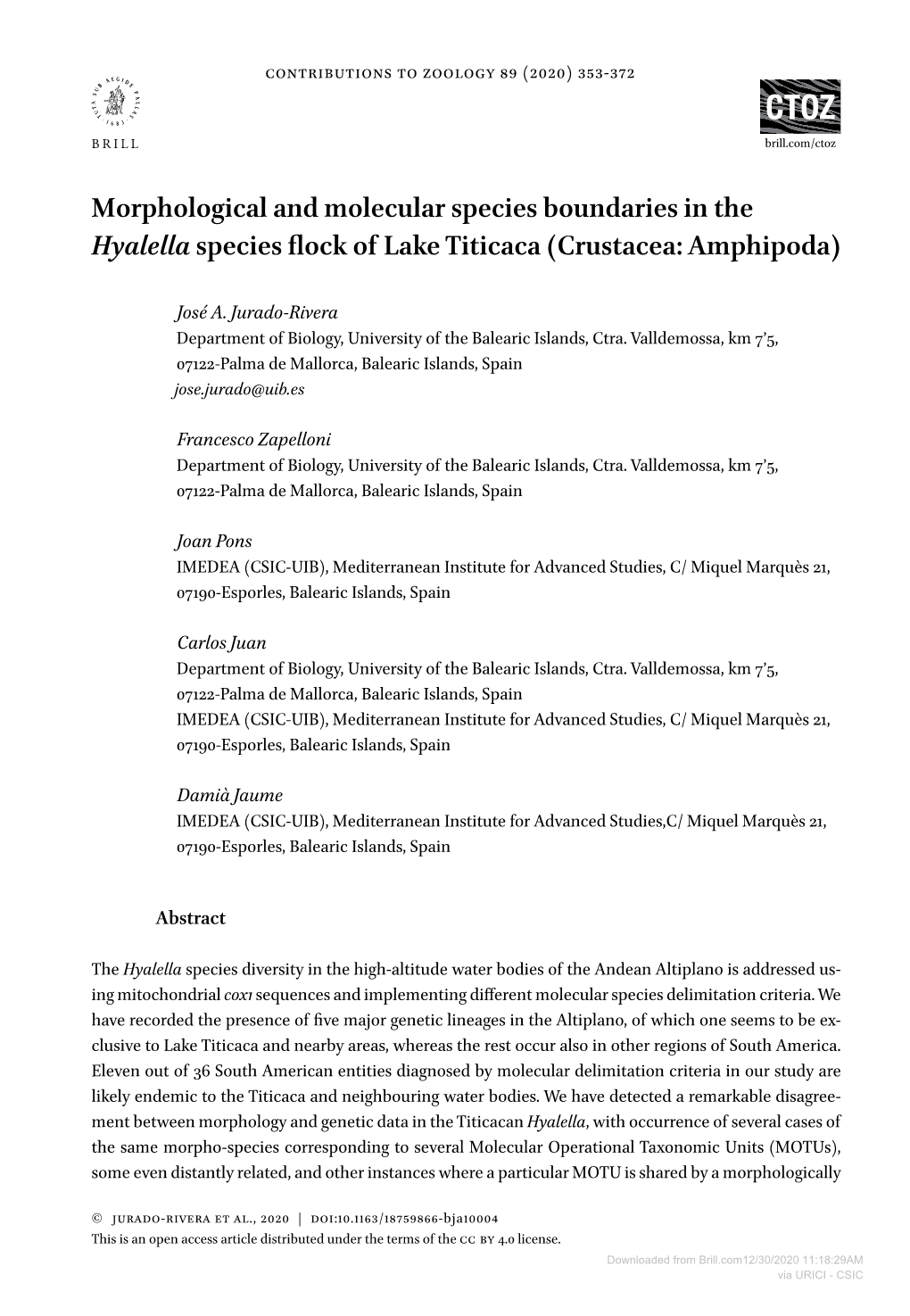 Morphological and Molecular Species Boundaries in the Hyalella Species Flock of Lake Titicaca (Crustacea: Amphipoda)