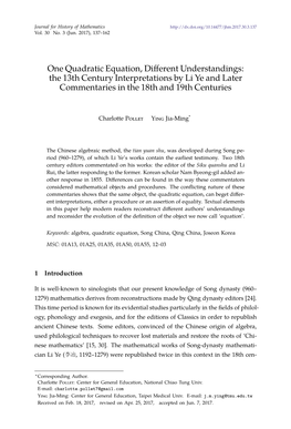 One Quadratic Equation, Different Understandings: the 13Th Century Interpretations by Li Ye and Later Commentaries in the 18Th and 19Th Centuries