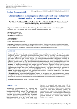 Clinical Outcomes in Management of Dislocation of Carpometacarpal Joints of Hand: a Rare Orthopaedic Presentation