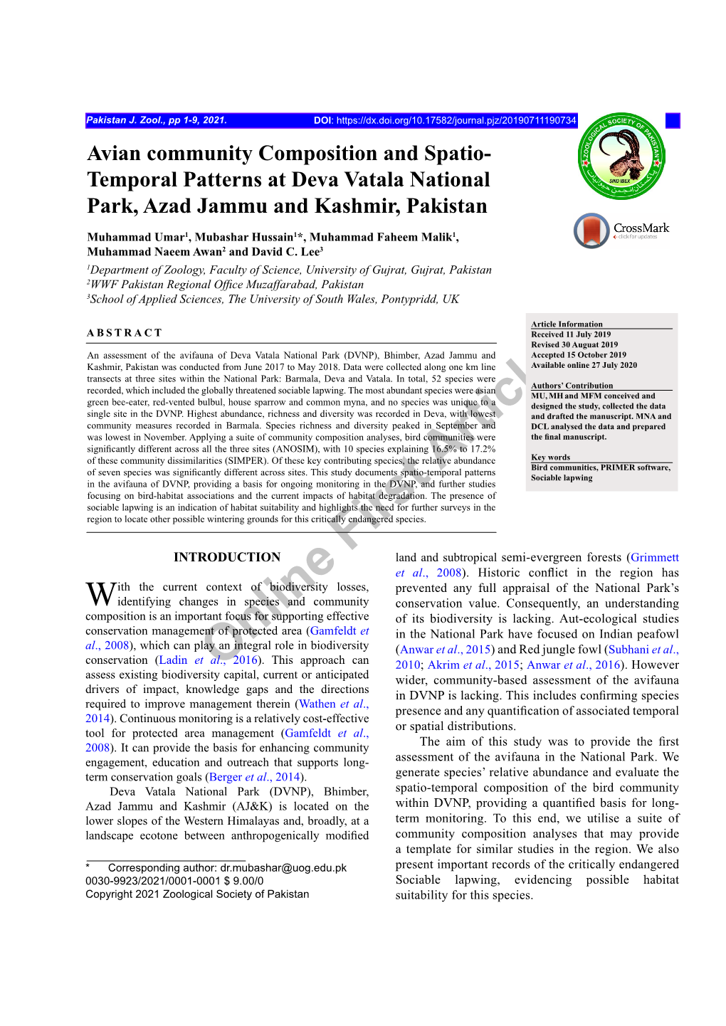 Temporal Patterns at Deva Vatala National Park, Azad Jammu and Kashmir, Pakistan