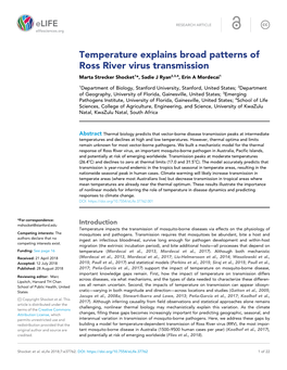 Temperature Explains Broad Patterns of Ross River Virus Transmission Marta Strecker Shocket1*, Sadie J Ryan2,3,4, Erin a Mordecai1