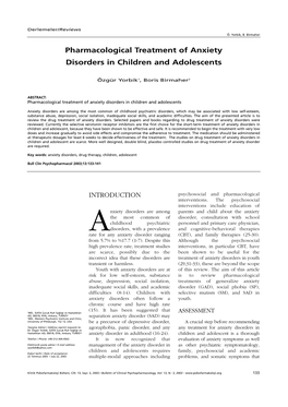 Pharmacological Treatment of Anxiety Disorders in Children and Adolescents