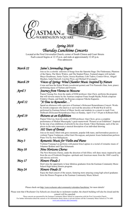 Thursday Lunchtime Concerts Located at the First Universalist Church, Corner of South Clinton and Court Streets Each Concert Begins at 12:15 P.M