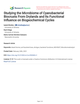 Studying the Microbiome of Cyanobacterial Biocrusts from Drylands and Its Functional Infuence on Biogeochemical Cycles