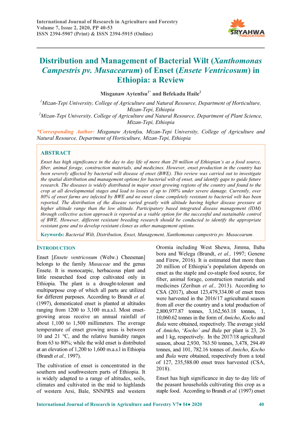 (Xanthomonas Campestris Pv. Musacearum) of Enset (Ensete Ventricosum) in Ethiopia: a Review