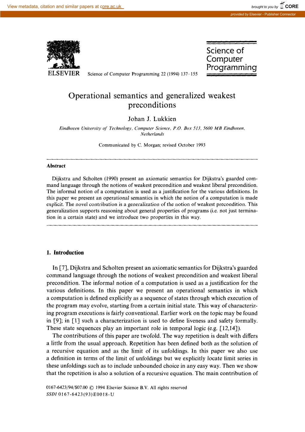 Science of Computer Programming Operational Semantics and Generalized Weakest Preconditions