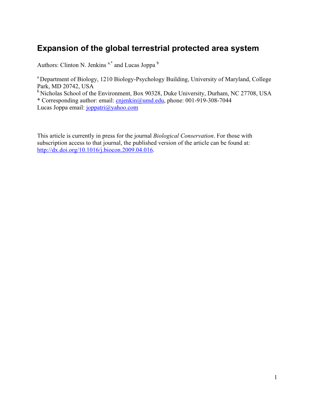 Expansion of the Global Terrestrial Protected Area System