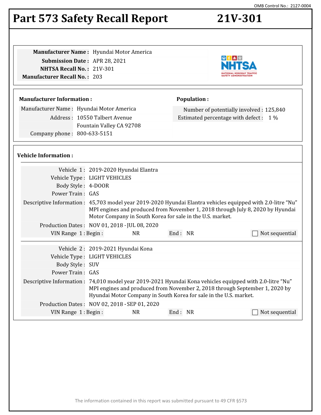 Part 573 Safety Recall Report 21V-301