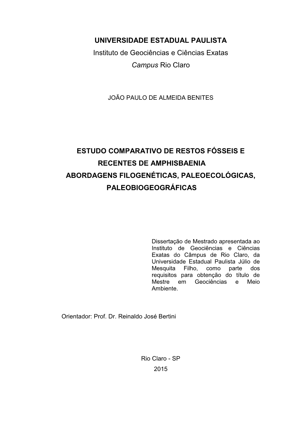 UNIVERSIDADE ESTADUAL PAULISTA Instituto De Geociências E Ciências Exatas Campus Rio Claro