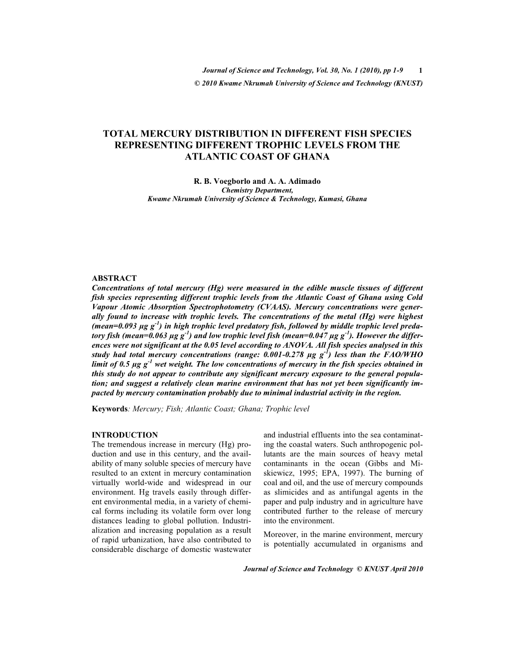 Total Mercury Distribution in Different Fish Species Representing Different Trophic Levels from the Atlantic Coast of Ghana