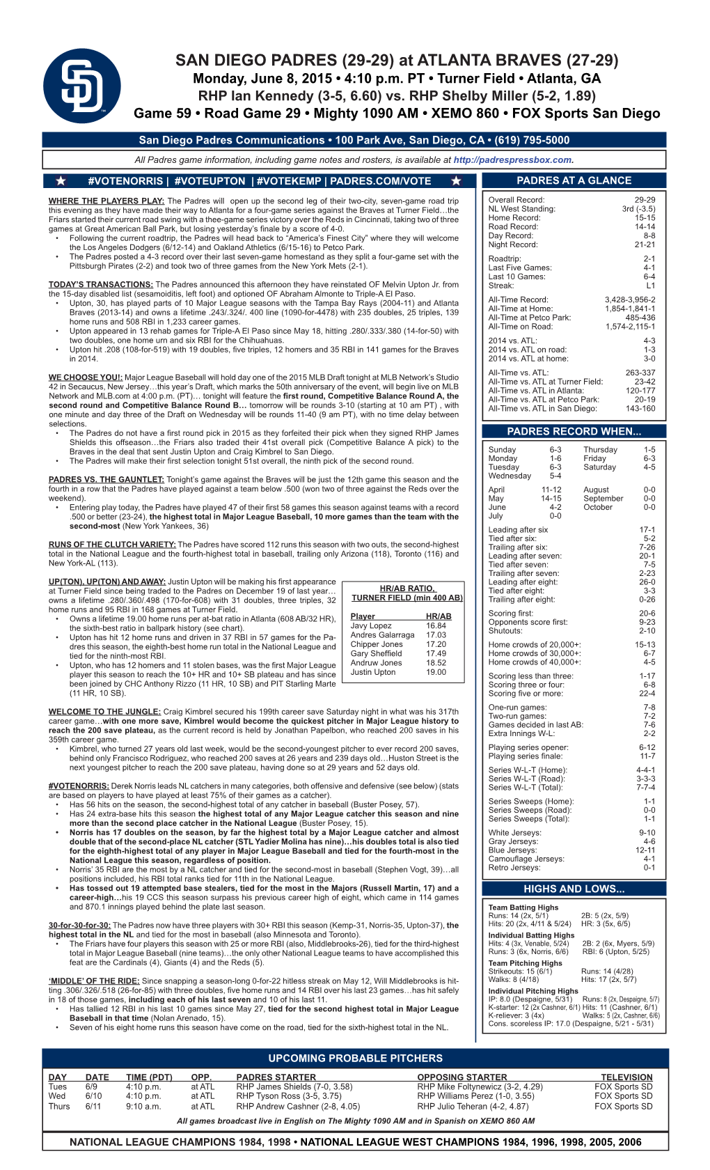 SAN DIEGO PADRES (29-29) at ATLANTA BRAVES (27-29) Monday, June 8, 2015 • 4:10 P.M